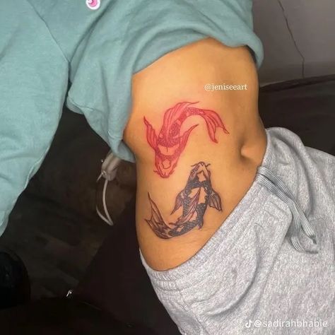 Coi Fish Stomach Tattoo, Koi Fish Tattoo Hips, Koi Fish Tattoo On Stomach, Koi Fish Swimming Tattoo, Koi Hip Tattoo, Koi Fish Stomach Tattoo, Tattoos For Women Koi Fish, Red And Black Koi Fish Tattoo, Coi Fish Tattoo Black Women