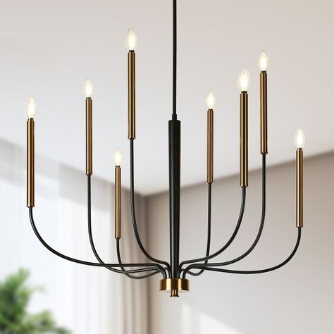 Modern 8-Light Chandelier Black Gold 37-in Classic Lights for Dining Room - 36.8"Dx25.5"H - On Sale - Bed Bath & Beyond - 39476306 Dining Room Chandelier Ideas, Traditional Dining Room Chandelier, Traditional Dining Room Table, Scandinavian Chandelier, Modern Farmhouse Chandelier, Chandelier Black, Classic Chandelier, Classic Candles, Traditional Dining