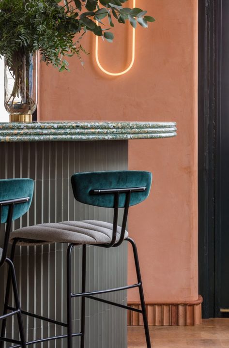 Sella Concept combines Mediterranean hues and textures for London tapas restaurant Omar's Place #terrazzo Terracotta Walls, Concept Restaurant, Cafe Industrial, Tapas Restaurant, Interior Design London, Kursi Bar, Bar Interior, Thai Restaurant, Design Industrial