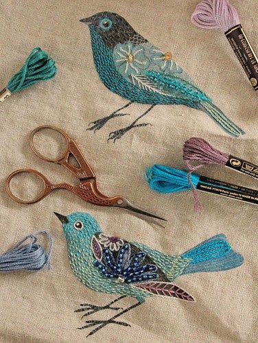 Stitched by Geninne Wow. Isn't this incredible? And, perfect inspiration for John's printed fabric stitchalong this month... We don't ... Yarn Inspiration, Embroidered Bird, Basic Embroidery Stitches, Ornament Pattern, Bird Embroidery, Japanese Embroidery, Silk Ribbon Embroidery, Hand Embroidery Art, Crewel Embroidery