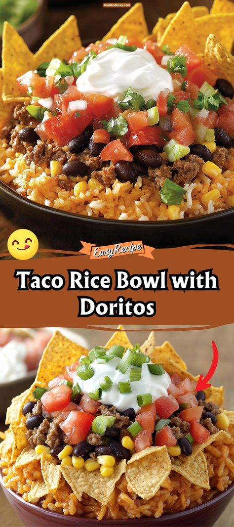 Spice up your mealtime with a Taco Rice Bowl with Doritos, a fun and flavorful twist on traditional tacos. This bowl layers seasoned ground beef, fresh vegetables, and zesty cheese over a bed of warm rice, all topped with crunchy Doritos for an extra kick. It’s a vibrant, satisfying dish that's perfect for a casual dinner or entertaining friends. #TacoBowl #Doritos #EasyMeals Nachos With Rice, Dorito Recipes, Taco Rice Bowl Recipe, Taco Rice Bowl, Traditional Tacos, Doritos Taco, Quick Dinner Options, Taco Salad Bowls, Taco Rice