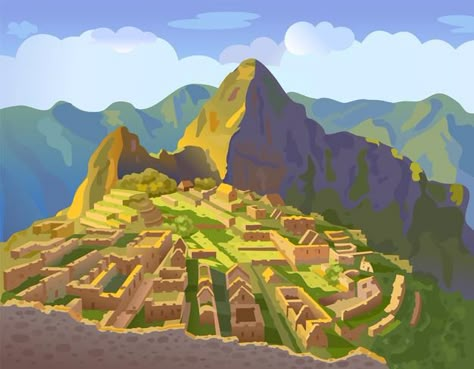 Machu picchu en perú ilustración históri... | Premium Vector #Freepik #vector #ilustracion #mostrar #punto #america Landmark Illustration, Vintage Airline Posters, Peruvian Art, Magic House, Machu Picchu Peru, High School Art, Landscape Drawings, Green Mountain, Water Painting