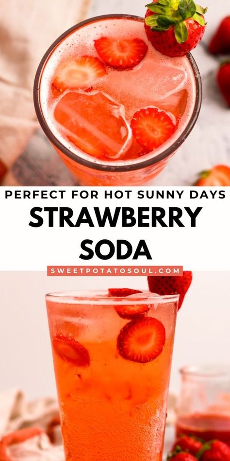 Beat the heat with this easy-to-make strawberry soda! Using only 4 simple ingredients, this homemade soda recipe is packed with fresh strawberry flavor, making it the ultimate refreshing summer drink. Enjoy the natural sweetness and vibrant taste of strawberries in every sip. This homemade soda is quick to prepare and tastes incredible and will become your go-to summer drink. Try this homemade soda recipe today! #homemadesodadrinks #strawberrysoda Homemade Cream Soda, Strawberry Soda Recipe, Soda Substitute, Soda Drinks Recipes, Soda Stream Recipes, Diy Soda, Stream Ideas, Creative Drinks, Soda Syrup