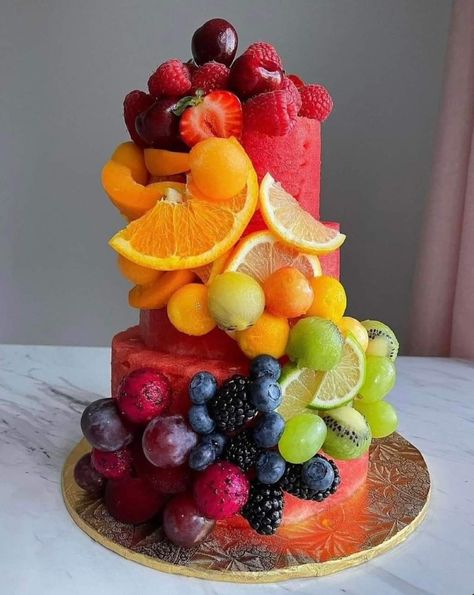 All Fruit Birthday Cake, Fruit In The Shape Of A Cake, Wedding Cake Made Out Of Fruit, Fruit Made To Look Like A Cake, Watermelon Fruit Cake Birthday, Birthday Fruit Cake Ideas, Fruit Tier Cake, Cake Out Of Fruit, Cakes Made Of Fruit