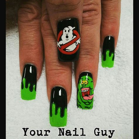 Ghostbusters Makeup Halloween, Ghostbuster Nail Art, Ghostbusters Room Ideas, Ghostbusters Nails Halloween, Ghostbuster Nails, Ghostbusters Nails, Ghostbusters Nail Art, Horror Movie Nail Art, Casper The Friendly Ghost Nail Art