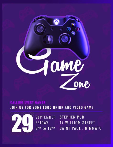 Game zone flyer design Video Games Poster Design, Game Advertising Design, Game Poster Ideas, Gaming Event, Game Expo, Games Poster, Game Ads, Gaming Lounge, Game Zone