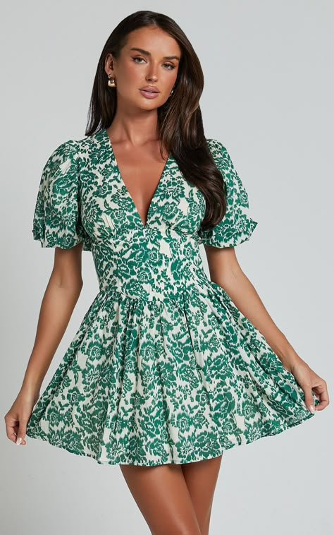 Nelli Mini Dress - Short Puff Sleeve Shirred Back Dress in Green Silhouette | Showpo USA Derby Mini Dress, Sisterhood Round Dress, Spring/summer Dresses, Cute Dresses With Sleeves, Short Church Dresses, Long Puffed Sleeves Dress, Spring Short Dresses, Cute Short Dresses Casual, Modest Short Dresses