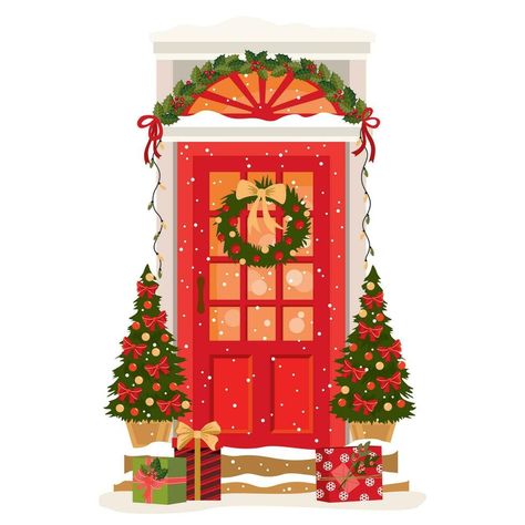 Red traditional entrance door with Christmas decoration. Front door with holly, mistletoe, Christmas trees, wreath. Illustrated vector clipart. Front Door Illustration, Christmas Door Illustration, Wreath Illustration, Holly Tree, Christmas Tree Wreath, Card Drawing, Vector Clipart, Entrance Doors, Christmas Door