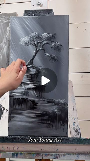 Joni Young Painting Tutorials, Acrylic Paint Tutorial, Acrylic Painting On Black Canvas, Tree Acrylic Painting, Paint Trees, Black Canvas Paintings, Young Art, Cool Car Drawings, New Painting