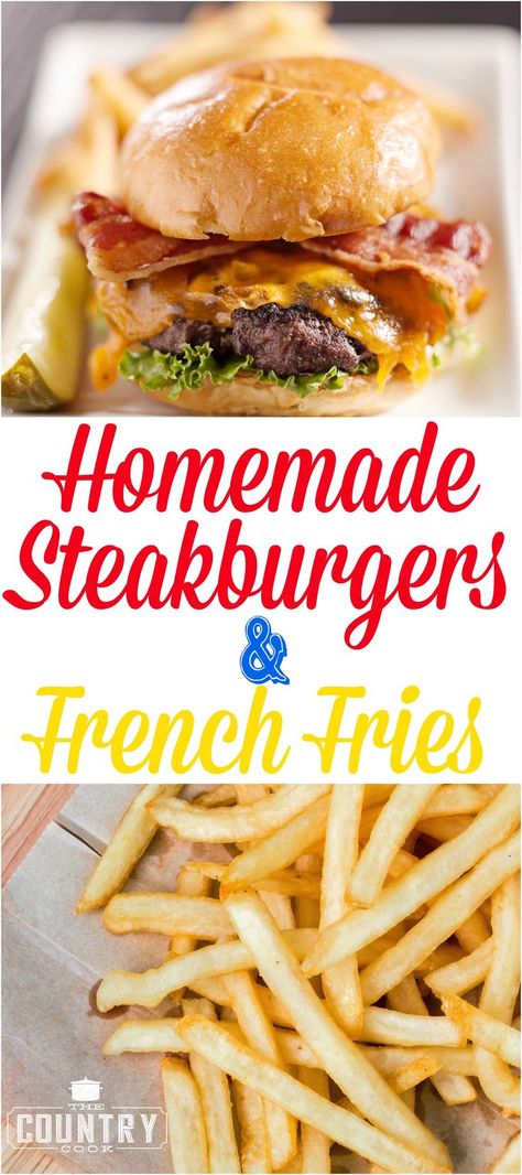 Homemade Diner Style Steakburgers like Steak and Shake burgers. Nothing tastes as good as a homemade hamburger. No grinder needed! And a great and super tasty recipe for homemade french fries! French Fries Recipe Homemade, Easy Supper Recipes, Homemade French Fries, Homemade Hamburger, Country Cook, Diner Recipes, Homemade Hamburgers, The Country Cook, Burger And Fries