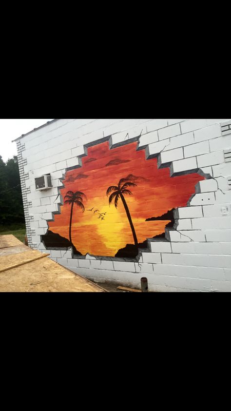 Liquor store broken brick wall mural. #Sunset Murals On Brick Walls, Brick Mural Painted, Brick Wall Drawing Graffiti, 3d Wall Drawing, Brick Wall Painting Art, Street Wall Painting Ideas Creative, Mural On Brick Wall, Brick Wall Graffiti, Brick Wall Drawing