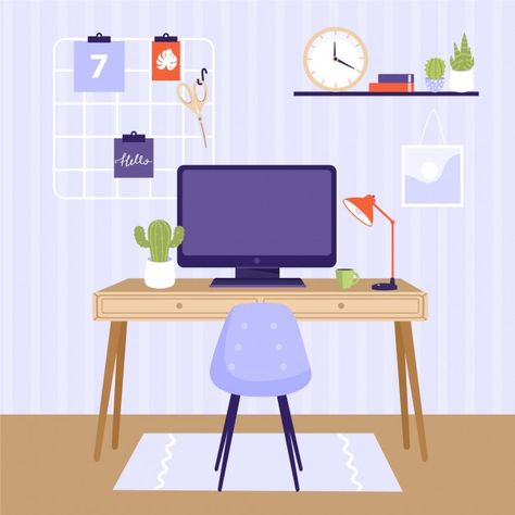 Comfortable workplace illustration. | Premium Vector #Freepik #vector #computer #office #house #desk Workplace Illustration, Exam Wallpaper, Office Screens, Office Background, Study Stationery, Space Illustration, Interior Illustration, Space Interiors, Empty Room