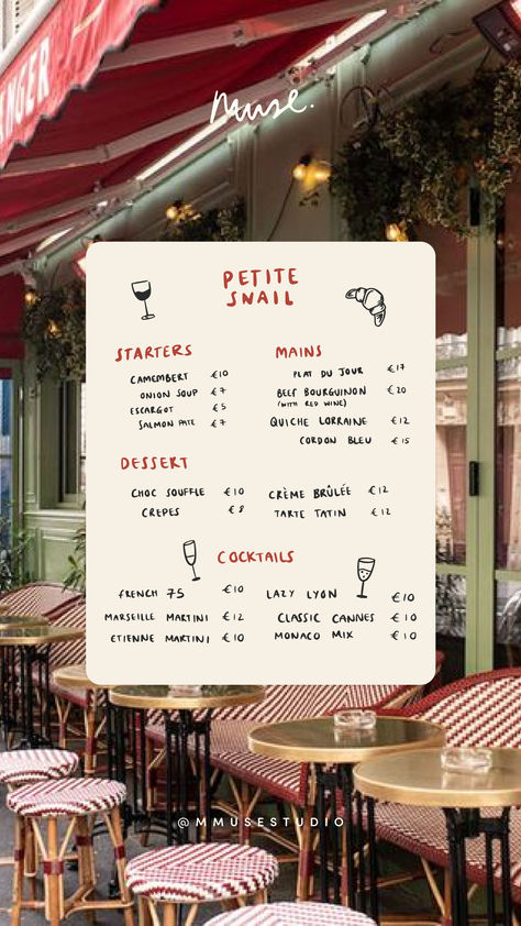 This hand illustrated menu adds so much character and personality to Petite Snail! The super quirky design is something very different but it turned out toooo cutee 🥹🤩 Creative Cafe Menu Design, Illustrative Menu Design, Design Restaurant Ideas Creative, Instagram Menu Design, Illustration Menu Design, French Cafe Menu Design, Cafe Design Graphic, Cute Cafe Menu Design, Happy Hour Menu Design