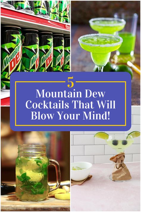 Collage of 4 mountain dew cocktails. Mountain Dew Cocktail Drinks, Mountain Dew Mixed Drinks, Mountain Dew Alcoholic Drinks, Mountain Dew Cocktail, Mountain Dew Recipes, Vodka Mixed Drinks, Mt Dew, Alcoholic Punch Recipes, Tequila Recipe