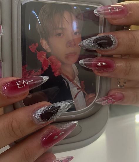 Enhyphen Nails, Kpop Nails Designs Enhypen, Enhypen Nails Ideas, Enhypen Inspired Nails, Enhypen Nails Designs, Enhypen Nails, Korean Nail Trends, Cute Korean Nail Art, Korean Nail Designs