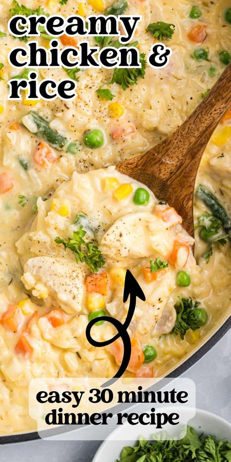 Easy dinner in under 30 minutes. This creamy chicken and rice with veggies takes only one pan and is a entree the whole family will enjoy. Chicken Pot Pie Casserole With Rice, Chicken Rice And Veggie Casserole, Creamy Chicken And Rice Bake, One Skillet Chicken And Rice, Skillet Chicken And Rice Recipes, Cream Chicken And Rice, Chicken Rice And Veggie Recipes, Chicken And Rice Recipes One Pot, Easy One Pot Chicken And Rice