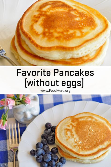 No eggs? Our Favorite Pancakes are fast and fresh, and this version of the recipe can be made without eggs. Add toppings such as berries, yogurt or applesauce to make these pancakes your own. Breakfast Recipe No Eggs, Pancake Mix Without Eggs, Pancake Recipes Without Eggs, No Eggs Pancakes Recipe, Applesauce Pancakes No Eggs, Pancake No Egg Recipe, Pancake Mix No Eggs, Easy Pancakes No Egg, Yogurt Pancakes No Egg