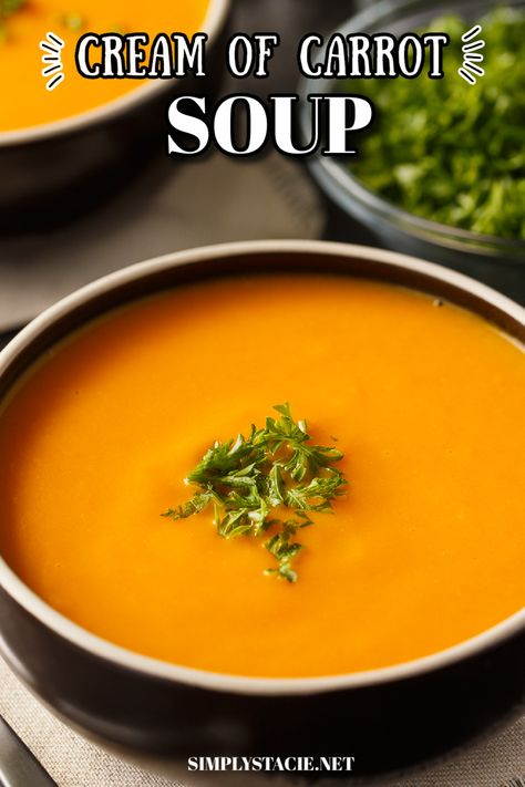 A black bowl with Cream of Carrot Soup topped with fresh parsley on top. Cream Of Carrot Soup Recipe, Cream Of Carrot Soup, Creamy Carrot Soup, Carrot Soup Recipes, Cream Soup Recipes, Pureed Soup, Cream Of Celery Soup, Celery Soup, Cooked Carrots