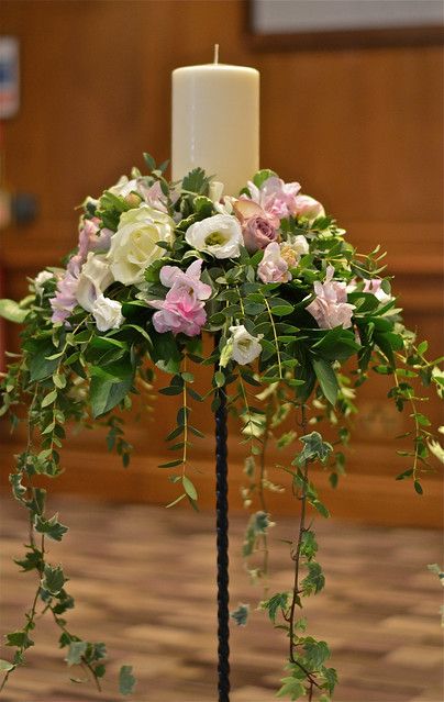 Wedding Flower Arrangements Church, Candle Flower Arrangements, Wedding Flower Arrangements Fall, Wedding Flower Arrangements Table, Purple Flower Arrangements, Flowers Stand, Church Wedding Flowers, Weddings Idea, Candle Arrangements