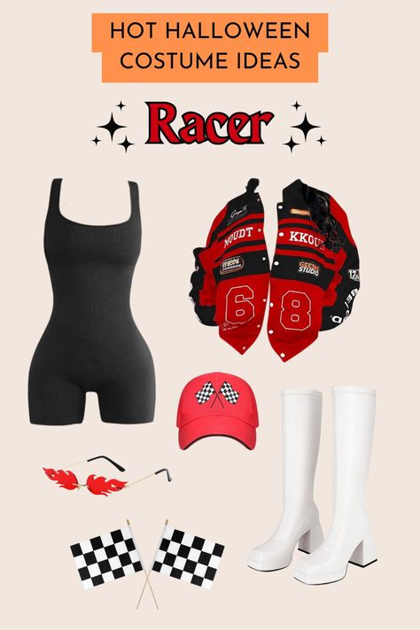 #Ad #AmazonAffiliate Rev up your Halloween with this ultimate Race Car Driver costume guide! 🚗💨 Get ready to turn heads with a black romper, checkered flags, and racing jackets that'll have you feeling like a pro on the track. Perfect for adrenaline junkies and costume lovers alike—let's make this Halloween a victory lap! 🏁🔥 #HalloweenCostume #RaceCarDriver #SpeedsterStyle #Halloween2024 Victorious Costume Ideas, Checkered Flag Costume, Biker Babe Halloween Costume, Car Themed Halloween Costume, Race At Driver Costume, Race Car Driver And Pit Crew Costume, Formula 1 Halloween Costume Women, Women Race Car Driver Costume, Mclaren Halloween Costume