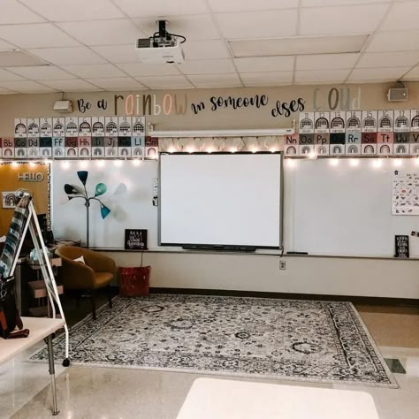 Ag Ed Classroom Decor, Rainbow Boho Classroom Decor, Boho Rainbow Bulletin Board Ideas, Clasroom Board Decor, Neutral Classroom Decor Bulletin Boards, Bulletin Board Ideas Boho, Cute Classroom Ideas Highschool, Highschool Aesthetic Classroom, Highschool Classroom Decor