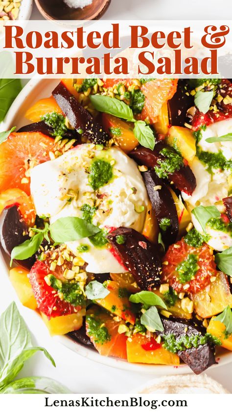 Enjoy a vibrant and mouthwatering roasted beet and burrata salad. This recipe showcases the natural sweetness of beets with juicy oranges and creamy burrata. Not only is this salad refreshing and healthy, but it can also double as an appetizer or a main with grilled proteins like chicken and fish. Roasted Beet Carrot Burrata, Roasted Beets And Burrata, Beets Burrata Salad, Burrata Nectarine Salad, Grilled Beet Salad, Beet And Radish Salad, Buratta Beet Salad, Roasted Beet And Carrot Salad With Burrata, Beet And Arugula Salad Goat Cheese