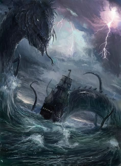 Ocean Monsters, Mythical Sea Creatures, Greek Monsters, Sea Creatures Art, Sky And Sea, Sea Monster, Cosmic Horror, Sea Monsters, Weird Creatures