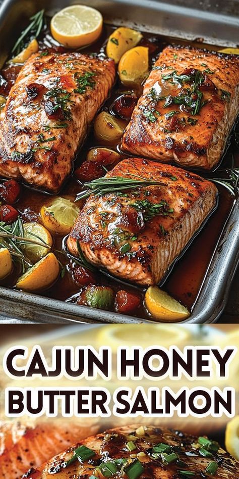 Cajun Honey Butter Salmon Ingredients: 4 salmon fillets (about 6 ounces each) 2 tablespoons Cajun seasoning Salt, to taste (if the Cajun seasoning isn’t very salty) 2 tablespoons olive oil 4 tablespoons unsalted butter 2 tablespoons honey 1 tablespoon lemon juice 2 cloves garlic, minced Fresh parsley, chopped (for garnish) #salmon #easyrecipes #camilarecipes Cajun Honey Butter Salmon, Fillets Recipes, Honey Butter Salmon, Honey Butter Sauce, Chipotle Salmon, Lemon Butter Salmon, Canned Salmon Recipes, Cajun Salmon, Cajun Butter