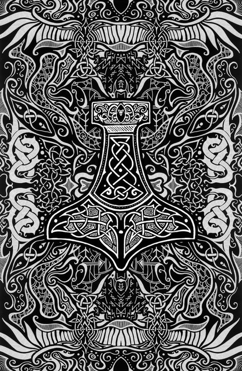 a viking inspired black and white pattern with thor's hammer in front https://www.redbubble.com/shop/ap/129598838?asc=u Viking Pattern Design, Viking Ideas, Hammer Of Thor, Viking Pattern, Thor Ragnarok, Line Artwork, Thor's Hammer, Stitch Ideas, Black And White Pattern