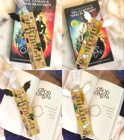 Good omens bookmark handmade front and behind drawing aziraphale and crowley vibes with their funny quotes and wings two sides black wing and white wing Good Omens Black And White, Good Omens Bookmark, Good Omens Wings, Aziraphale And Crowley, White Wing, Bookmark Handmade, Good Omens, White Wings, Bookmarks Printable