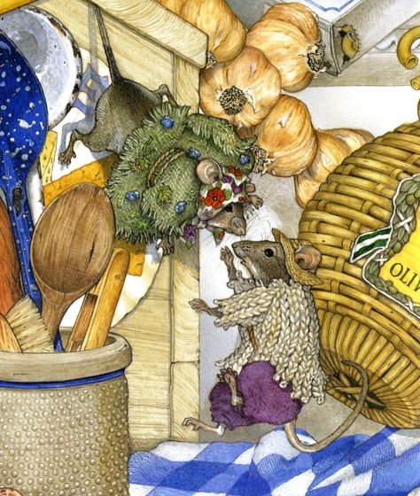 Jan Brett | ILLUSTRATION | Town Mouse, Country Mouse Mouse Warrior, Brambley Hedge, Omar Rayyan, Food Cupboard, Jan Brett, Childhood Art, Mouse Art, Childrens Books Illustrations, Book Illustrations