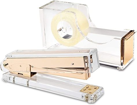 Amazon.com : Set of Stapler and Tape Dispenser Desk Swag Brand : Desk Swag Acrylic Gold Stapler and Tape Dispenser Set Modern High End Luxury Desk Accessories Set Tape and Stapler : Office Products Acrylic Office Supplies, Gold Office Accessories, Acrylic Desk Accessories, Office Supplies Design, Gold Office Supplies, Modern Office Supplies, Stylish Desk Accessories, Gold Tape, Tape Clear