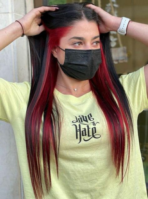 Red Hair Underneath, Two Color Hair, Red Hair Looks, Black Red Hair, Hair Color Underneath, Red Hair Inspo, Peekaboo Hair, Hair Color Streaks, Hair Streaks