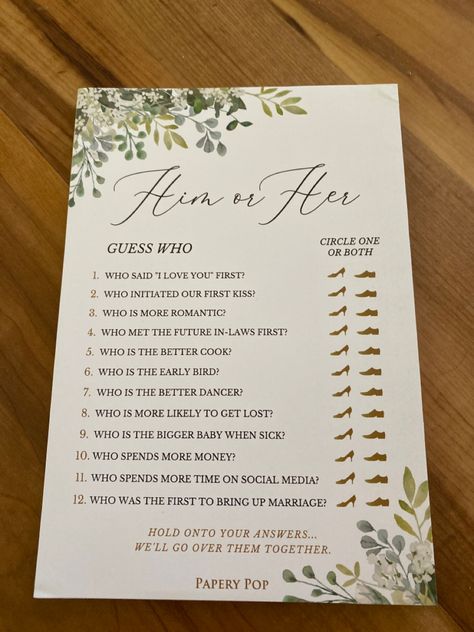 Who Did It First Bridal Shower Game, Who Did What First Wedding Game, Guess Who Wedding Game, Wedding Day Activities, Wedding Party Games, Engagement Party Games, Wedding Games For Guests, Wedding Table Cards, Wedding Reception Games