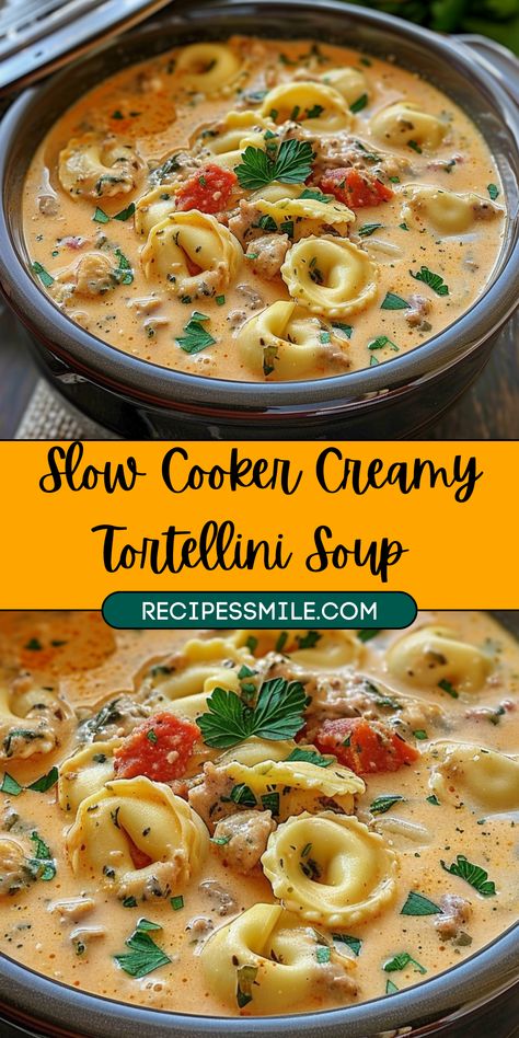 Slow Cooker Creamy Tortellini Soup, Crockpot Tortellini Soup, Tortellini Soup With Sausage, Crockpot Tortellini, Slow Cooker Tortellini Soup, Crock Pot Tortellini, Soup With Sausage, Creamy Tortellini Soup, Creamy Tortellini