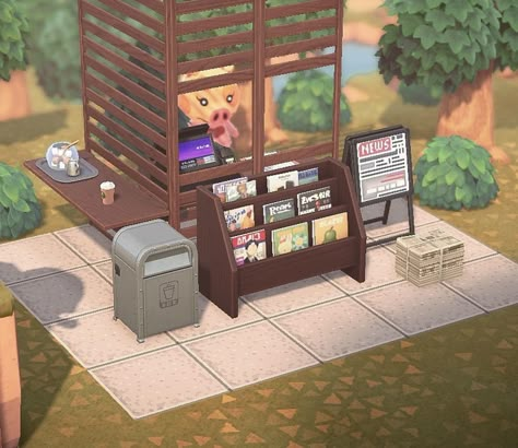 Acnh News Stand Design, Animal Crossing Partition Design, Animal Crossing Stand Ideas, Acnh Short Simple Panel Ideas, Animal Crossing Newspaper Stall, Small Animal Crossing Builds, Animal Crossing Marketplace, Small Animal Crossing Ideas, Small Areas Acnh