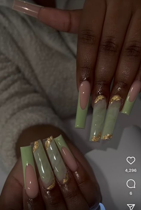 Light Green Acrylic Nails Long, Earthy Boho Nails, Earthy Sweet 16, Earthy Nails Designs Green, Earthy Nails Designs Square, Jade French Tip Nails, Green Nails Acrylic Long, Jade Green Acrylic Nails, Earthy Green Nails