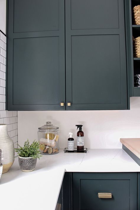 The Laundry/Dog Room: Dark Green Cabinets Layered On Classic Black + White Design - The House of Silver Lining Green Black Sherwin Williams Cabinets, Green Black Paint, Dark Green Cabinets, House Of Silver Lining, The House Of Silver Lining, White Interior Paint, Tricorn Black, White Laundry Rooms, Black Forest Green