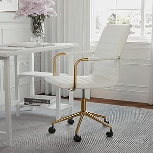 Martha Stewart Taytum Swivel Task Chair with Armrests for Home Office in White Faux Leather with Polished Brass Frame Traditional Accent Chair, Upholstered Desk Chair, Upholstered Office Chair, Modern Office Chair, White Office, Leather Desk, Executive Office Chairs, Swivel Seating, Home Office Chairs