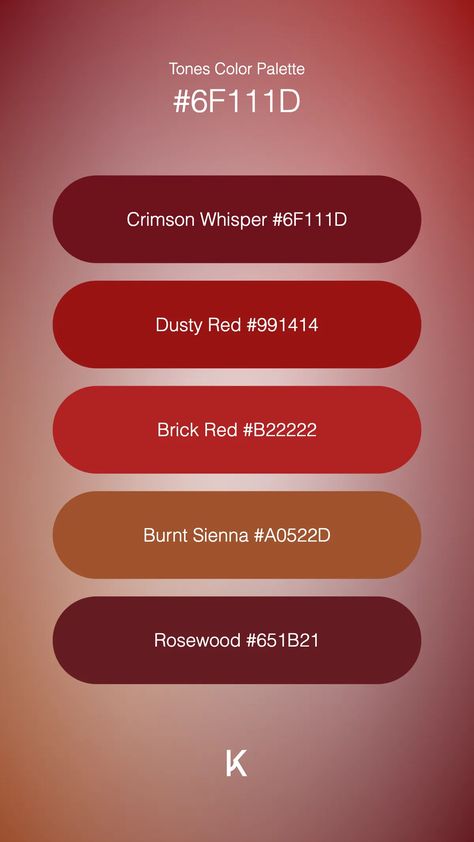 Tones Color Palette Crimson Whisper #6F111D · Dusty Red #991414 · Brick Red #B22222 · Burnt Sienna #A0522D · Rosewood #651B21 Hex Color Palette, Burnt Sienna, Hex Colors, Brick Red, Ruby Red, Vibrant Red, Wine Red, Unique Colors, Color Palette