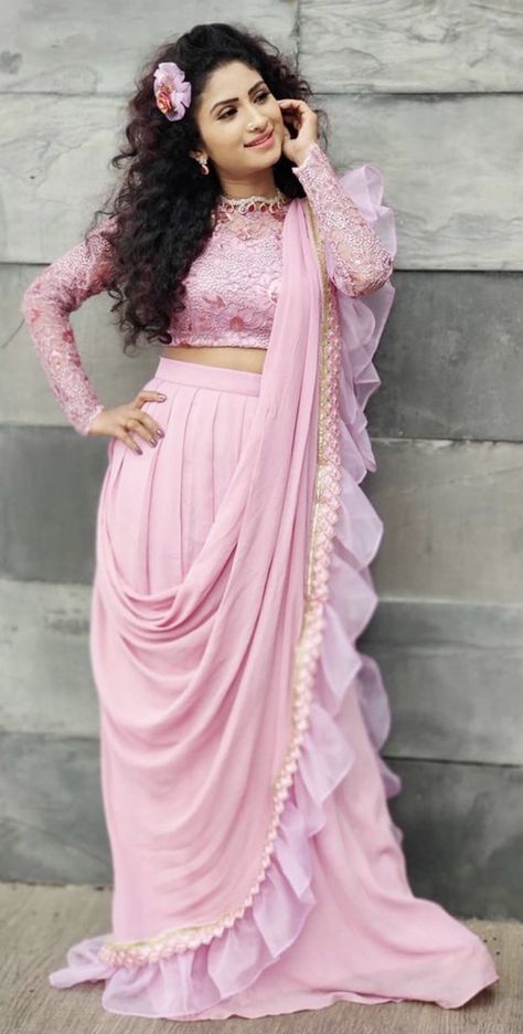 Ruffle Lehenga Designs, Ruffle Saree With Belt, Ruffles Saree, Gown Traditional, Ruffle Lehenga, Engagement Gown, Beautiful Lehenga, Saree With Belt, Half Sarees