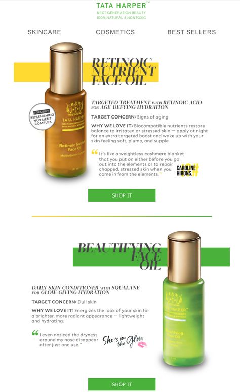 tata harper facial oils email. SL. Our Face Oils, Compared Skin Care Email Design, Cosmetic Email Design, Skincare Newsletter, Skin Care Products Advertising Design, Skincare Graphic Design Ad, About Us Page Design, Facial Oils, Nontoxic Beauty, Newsletter Layout