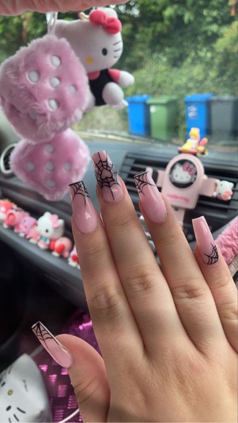 Mail Inspo Coffin Shape, Nail Ideas Colorful French Tip, Nail Inspo For Halloween, Pink Web Nails, Spiderweb Nail Designs, Spiderweb Heart Nails, Emo Acrylics, Purple Nail Designs Coffin, Pink Spiderweb Nails