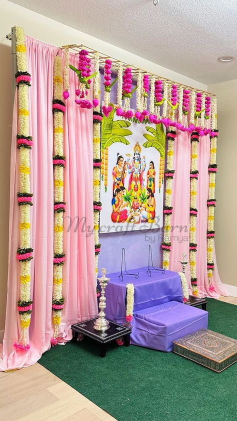 Indian House Warming, House Warming Decoration, Backdrop Setup, Leaf Decor Wedding, Ganpati Decoration Theme, Mandir Decoration, House Warming Party, Simple Stage Decorations, Home Flower Decor