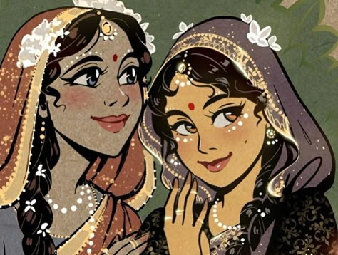 Sapphic Indian Art, South Asian Art Aesthetic, Hindu Character Design, South Asian Women Art, South Asian Anime Pfp, Indian Mythology Aesthetic, South Asian Character Design, Indian Anime Art, Indian Oc Art