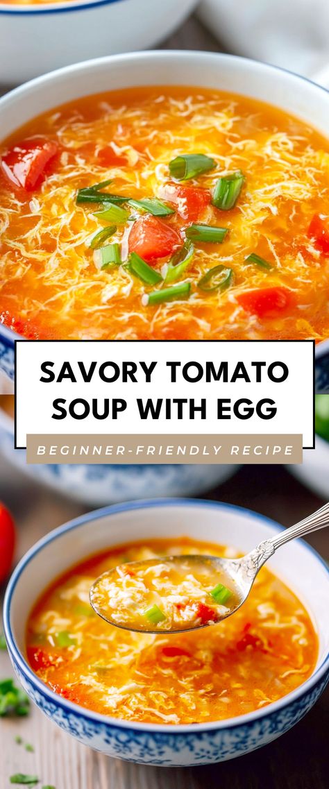 Image for Savory Tomato Soup with Egg Soup With Egg, Tomato Rice Soup, Homemade Egg Drop Soup, Lunch At Home, Chinese Breakfast, Soup Lovers, Tomato Soup Easy, Breakfast Soup, Tomato Rice