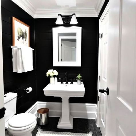 20 Black Powder Room Ideas for A Chic Look Powder Room With Marble Sink, Powder Room With Black Walls, Small Black Powder Room Ideas, Black Floor Powder Room, All Black Powder Room, Powder Room With Accent Wall, Black And Gold Powder Room Ideas, Easy Powder Room Makeover, Small Powder Room Paint Ideas