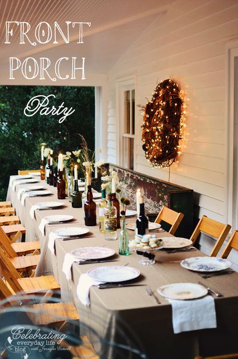 Porch Party, Dinner on the Porch, Dinner Outside, Dinner Al Fresco, burlap tablecloth, wine bottle centerpiece, candles in bottles, vintage dinner plates, mix and match plates Porch Party Decorations, Porch Dinner Party, Wreath Lights, Wonder Photography, Centerpiece Candles, Porch Dining, Porch Party, Porch Parties, Wine Bottle Centerpieces