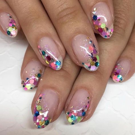 Rainbow Confetti Nails, Neon Glitter Nails Summer, Confetti Nail Art, Sequin Nails, Glitter Nails Design, Acrylic Nail Art Ideas, 2023 Spring Nails, Confetti Nails, Colors For Spring