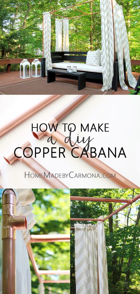 Stunning and easy cabana made from copper pipes! Such a smart tutorial!  #copper #cabana #ad #diy Diy Cabana, Outdoor Cabana, Copper Pipes, Diy Copper, Backyard Shade, Cheap Pergola, Pergola Swing, Pergola Ideas, Pvc Pipes